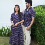 Couple Matching Navy Blue Cotton Printed Anarkali Midi Dress & Shirt Set ? Casual & Festive Wear