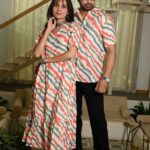 Couple Matching Cream Cotton Anarkali Midi Dress and Shirt Set ? Wavy Red & Blue Stripes